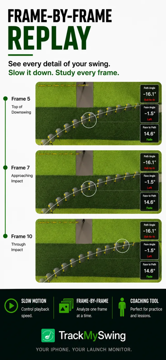 xShot Launch Monitor iPhone golf launch monitor replay showing no-ball practice, club speed, ball speed, and impact location