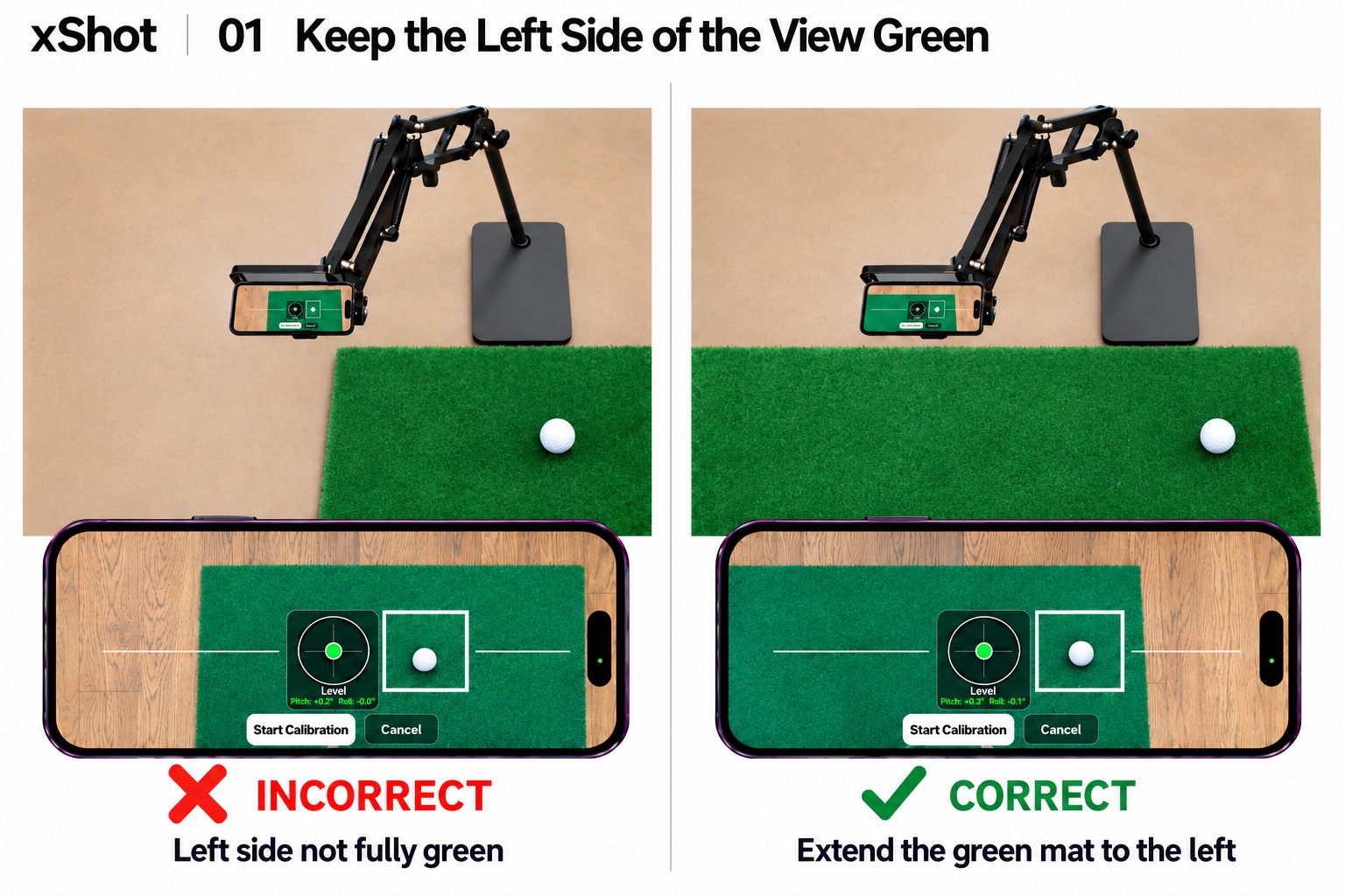 Incorrect: the left side of the iPhone preview shows floor. Correct: the green mat is extended to the left edge of the preview.