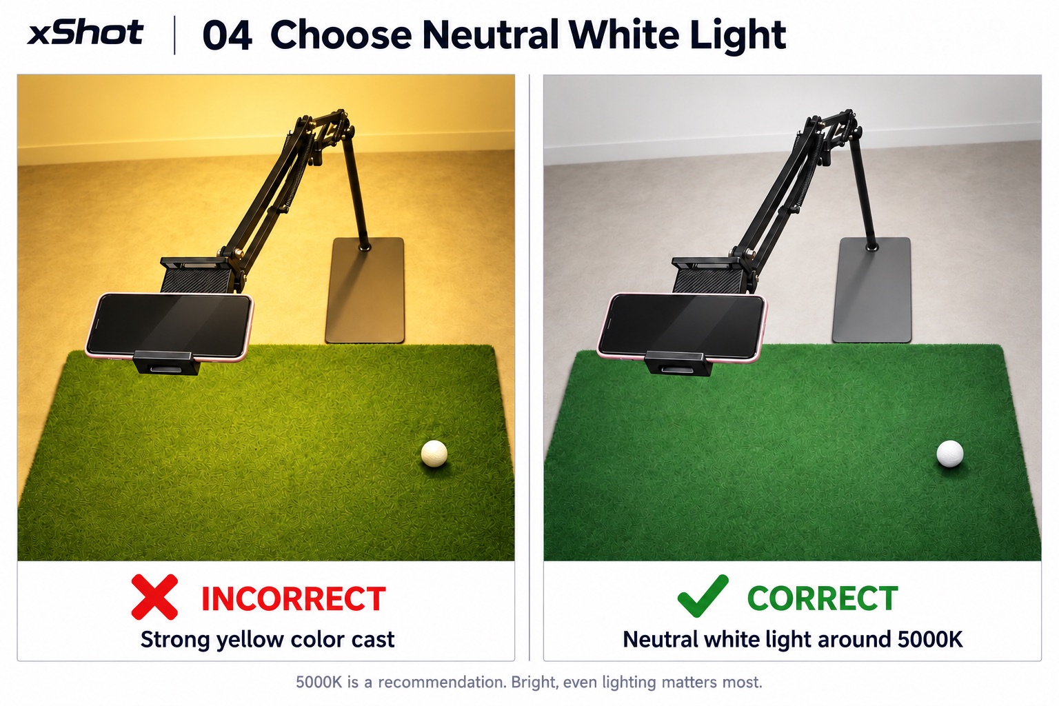 Incorrect: warm yellow light with a strong color cast. Correct: neutral white light around 5000K.