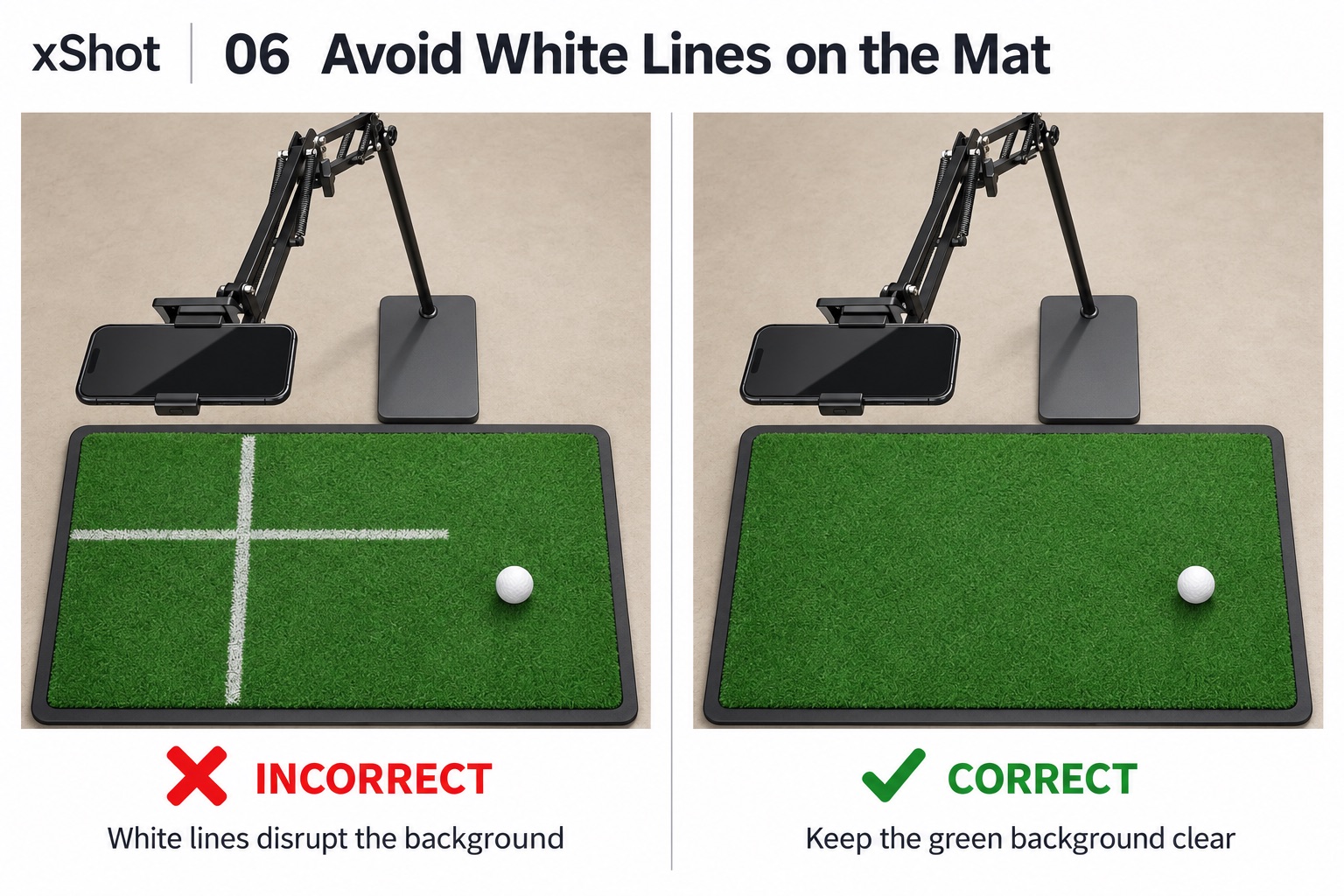 Incorrect: white alignment lines painted on the mat. Correct: a clean, continuous green mat.