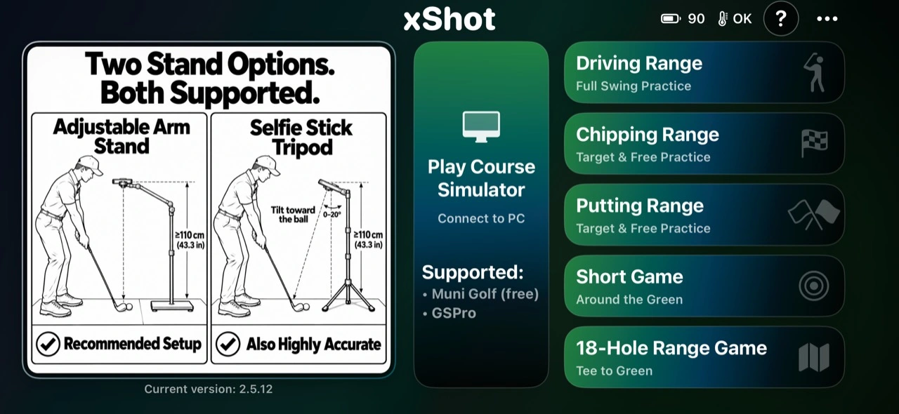 xShot 2.5.12 home screen with adjustable arm stand and selfie stick tripod setup guides, Play Course Simulator and five practice and game modes