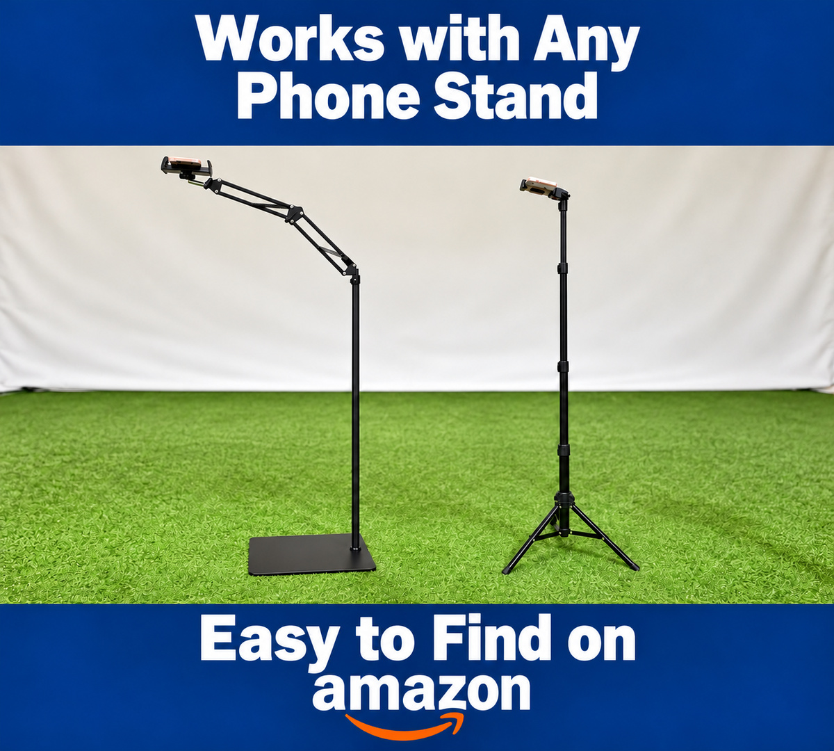 An adjustable arm floor stand and a selfie stick tripod holding phones over a green golf mat, illustrating common stand styles available on Amazon.