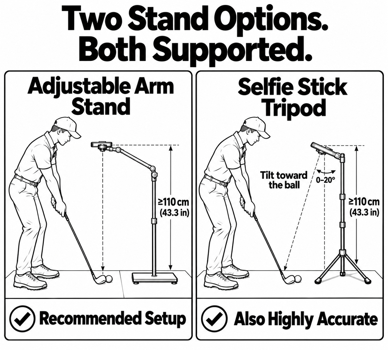 Two supported setups: adjustable arm stand with the phone facing down, or selfie stick tripod tilted 0–20 degrees toward the ball; both at least 110 cm above the mat.